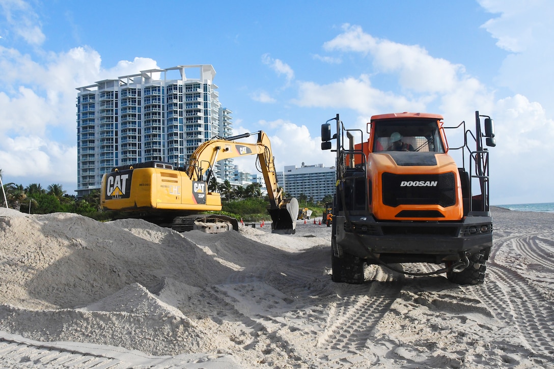 Yisseliz Rivera-Rodriquez, a civil engineer and Project Manager from the Jacksonville District, Miami Resident Office provides an overview of work on the Miami Beach Renourishment project that distributes sand placement at the southern end of the Indian Beach Park and Allison Beach.  (USACE photo by Mark Rankin)