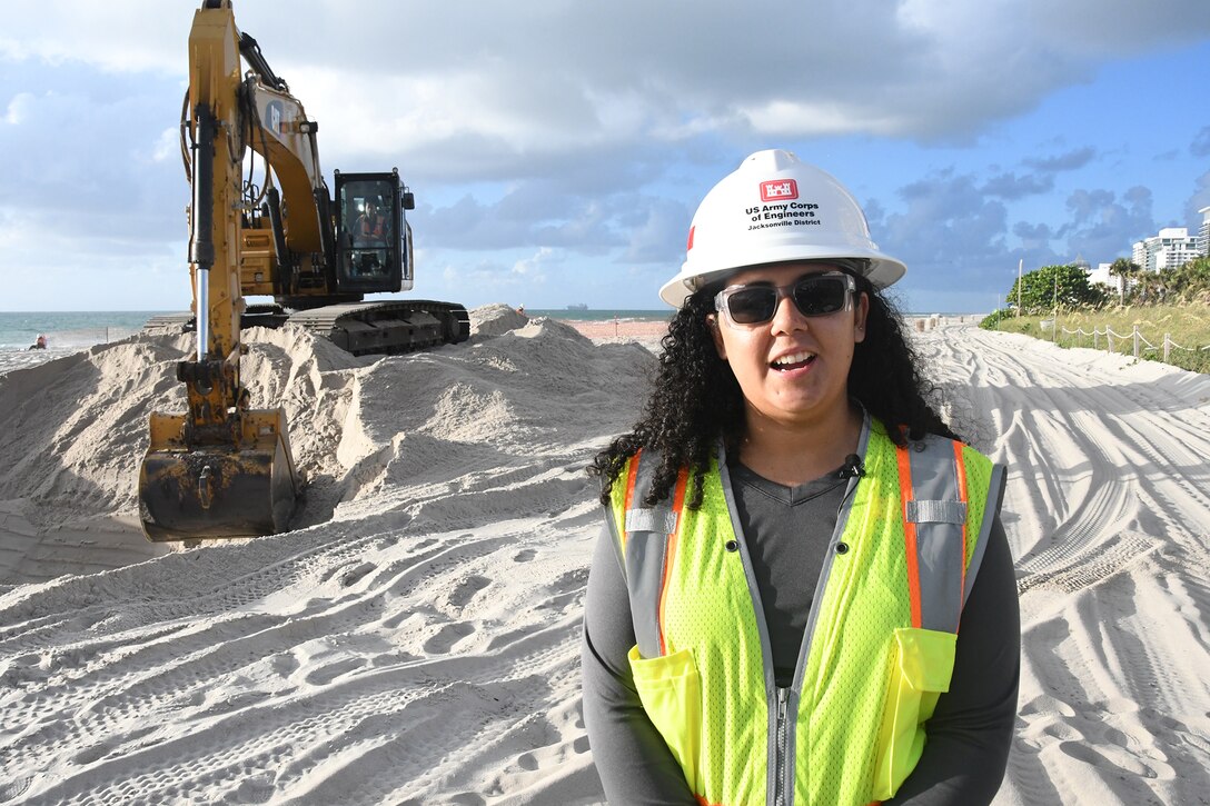 Yisseliz Rivera-Rodriquez, a civil engineer and Project Manager from the Jacksonville District, Miami Resident Office provides an overview of work on the Miami Beach Renourishment project that distributes sand placement at the southern end of the Indian Beach Park and Allison Beach.  (USACE photo by Mark Rankin)