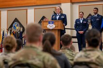Lt. Col. Jennifer Harward addresses 341st Medical Group and Malmstrom personnel during a change of command ceremony July 28, 2022, at Malmstrom Air Force Base, Mont. Harward gave remarks upon receiving command of the 341st Operational Medical Readiness Squadron from Col. Soo Sohn, 341st MDG commander. (U.S. Air Force photo by Airman 1st Class Elijah Van Zandt)