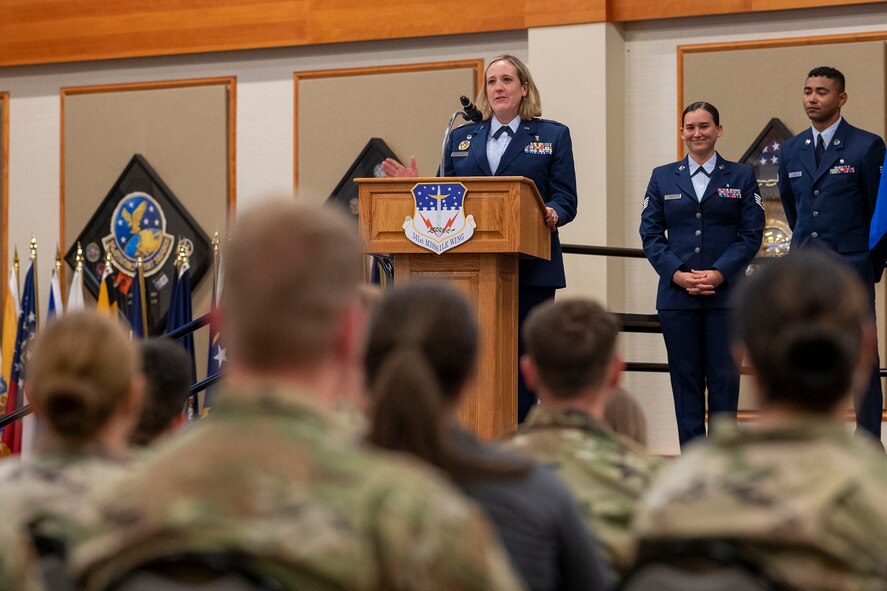 Lt. Col. Jennifer Harward addresses 341st Medical Group and Malmstrom personnel during a change of command ceremony July 28, 2022, at Malmstrom Air Force Base, Mont. Harward gave remarks upon receiving command of the 341st Operational Medical Readiness Squadron from Col. Soo Sohn, 341st MDG commander. (U.S. Air Force photo by Airman 1st Class Elijah Van Zandt)