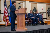 Col. Soo Sohn, left, 341st Medical Group commander, gives her remarks to Lt. Col. Darren Damiani, outgoing 341st Operational Medical Readiness Squadron commander, and Lt. Col. Jennifer Harward, incoming 341st OMRS commander during a change of command ceremony July 28, 2022, at Malmstrom Air Force Base, Mont. Damiani served as 341st OMRS commander for 13 months before becoming a colonel-selectee and subsequently being chosen to become chief nurse at Joint Base San Antonio, Texas. (U.S. Air Force photo by Airman 1st Class Elijah Van Zandt)