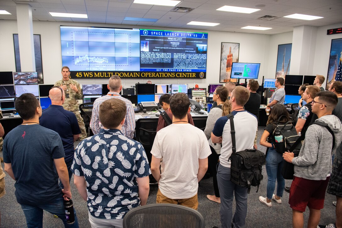 Participants of the BRAVO Hackathon tour the Morrell Operations Center July 19, 2022, at Cape Canaveral Space Force Station, Fla. The event brought engineers, scientists, and coders together from four countries to solve problems with the launch mission. (U.S. Space Force photo by Amanda Inman)