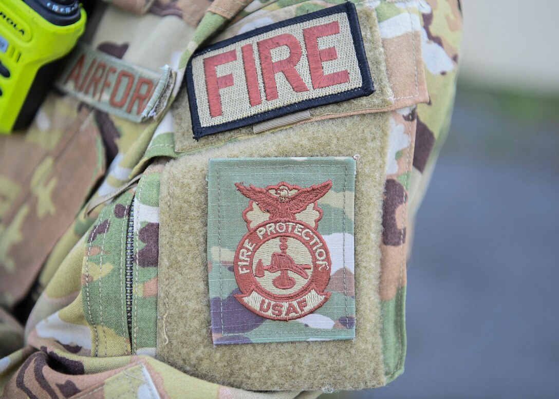 A 316th Civil Engineer Squadron firefighter wears the United States Air Force Fire Protection patch at Joint Base Andrews, Md., July 30, 2022.