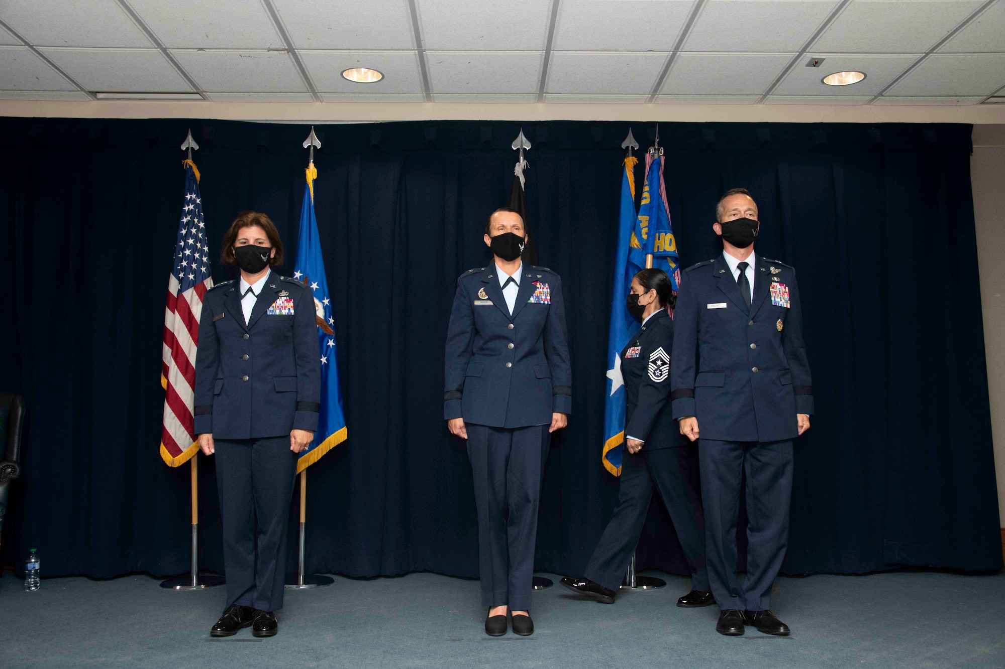 Brig. Gen. Houston Cantwell (right) took command of the Jeanne M. Holm Center for Officer Accessions and Citizen Development from Brig. Gen. Leslie Maher (center) during a change of command ceremony, July 28, 2022, Maxwell Air Force Base, Alabama. Lt. Gen. Andrea Tullos (left), Air University commander and president, presided over the ceremony. Cantwell’s previous assignment was as commander, NATO Alliance Ground Surveillance Force, Sigonella Air Base, Italy. The Holm Center is responsible for Air Force ROTC, Air Force Junior ROTC and Officer Training School. (U.S. Air Force photo by Darius Hutton)