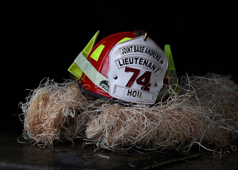 A helmet worn by a firefighter from the 316th Civil Engineer Squadron at Joint Base Andrews, Md., July 30, 2022.