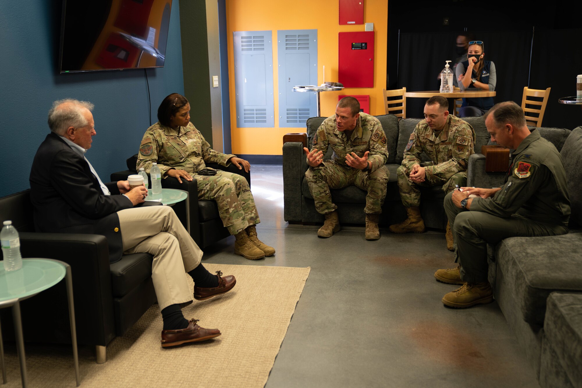 Secretary of the Air Force Frank Kendall speaks with leadership from the 432nd Wing/432 Air Expeditionary Wing command chief, at Creech Air Force Base, Nevada, July 29, 2022. Kendall also discussed Comprehensive Airman Fitness with the base's Human Performance Team. (U.S. Air Force photo by Airmen 1st Class Ariel O'Shea)