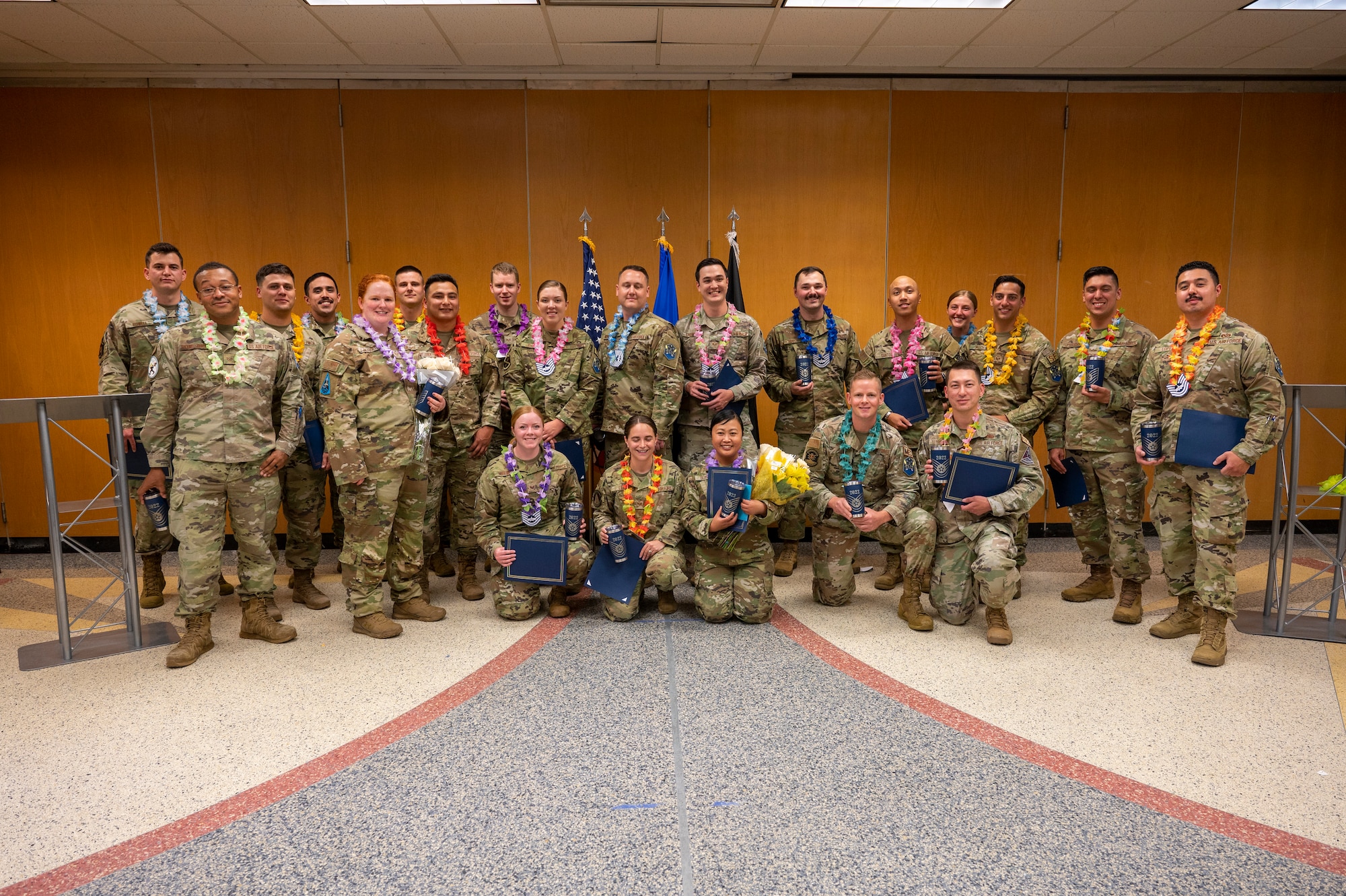 U.S. Air Force Tech. Sgt. selects, pose for a group photo at Peterson Space Force Base, Colorado, July 28, 2022. USAF officials selected 5,430 staff sergeants for promotion to technical sergeant, out of 33,935 eligible, for a selection rate of 16 percent in the 22E6 promotion cycle. (U.S. Space Force photo by Airman 1st Class Aaron Edwards)