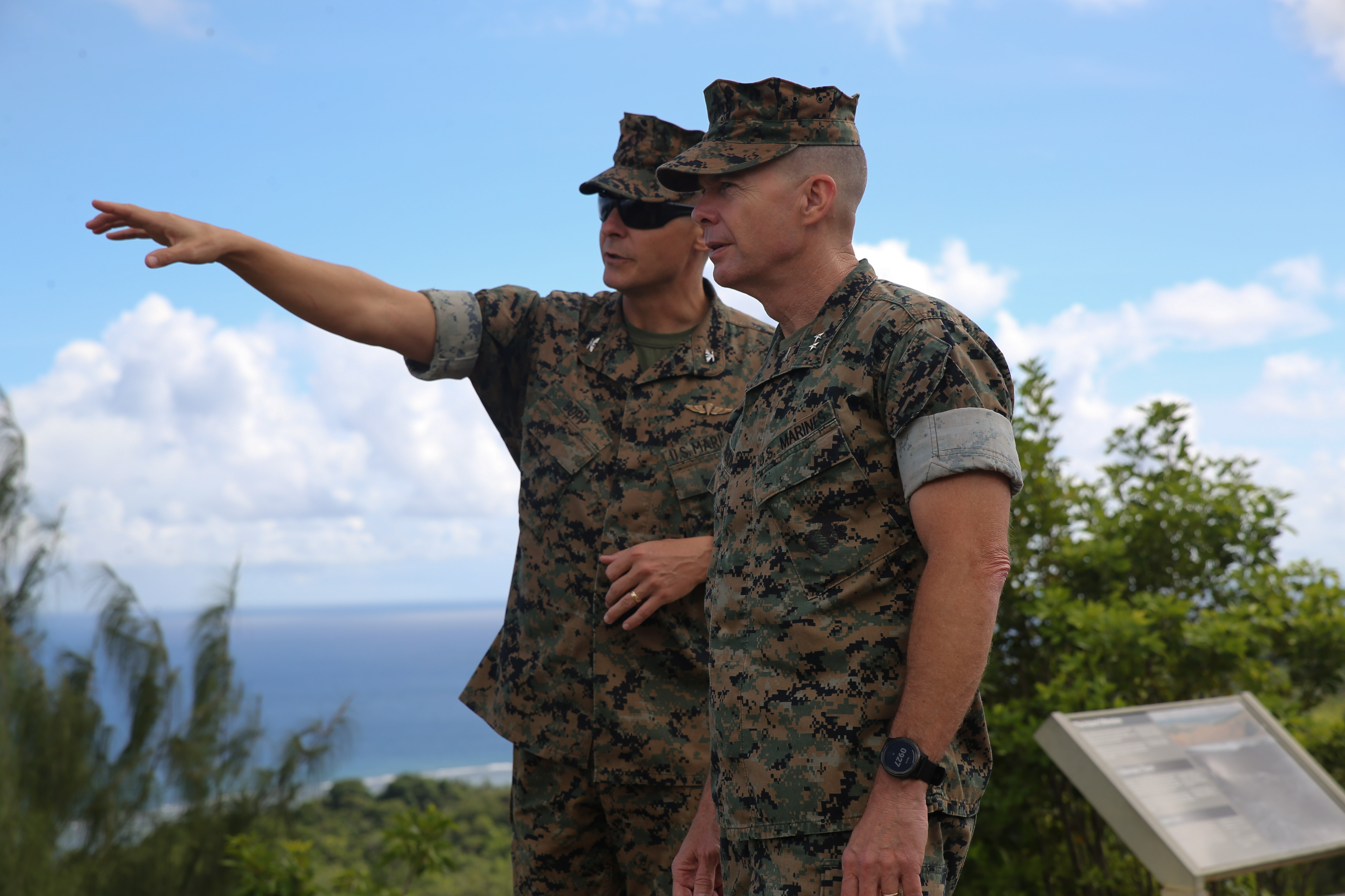U.S. Marine Corps Col. Christopher L. Bopp, commanding officer for Marine Corps Base (MCB) Camp Blaz, left, talks to Maj. Gen. Jay M. Bargeron, commanding general for 3rd Marine Division, right, during a visit to Guam, July 20, 2022. MCB Camp Blaz is currently under construction and will allow the Marine Corps to maintain a forward presence in the Indo-Pacific region. (U.S. Marine Corps photo by Lance Cpl. Garrett Gillespie)
