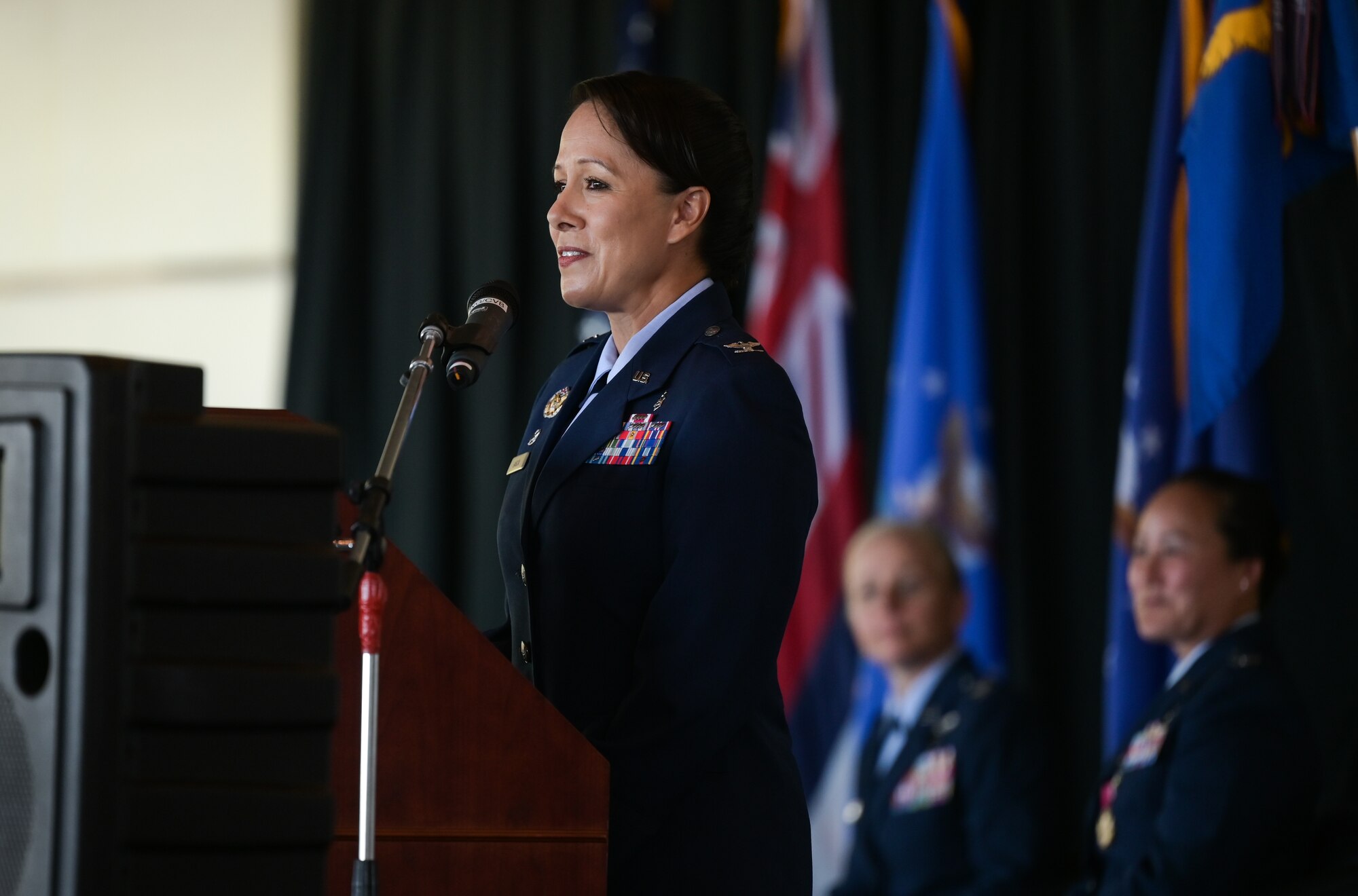 Col. Stella Garcia, 15th Medical Group commander, gives a speech during a change of command ceremony at Joint Base Pearl Harbor-Hickam, Hawaii, Aug. 1, 2022. Garcia took command of the 15th MDG after serving as the 673rd Medical Support Squadron commander in Joint Base Elmendorf-Richardson, Alaska. (U.S. Air Force photo by Staff Sgt. Alan Ricker)