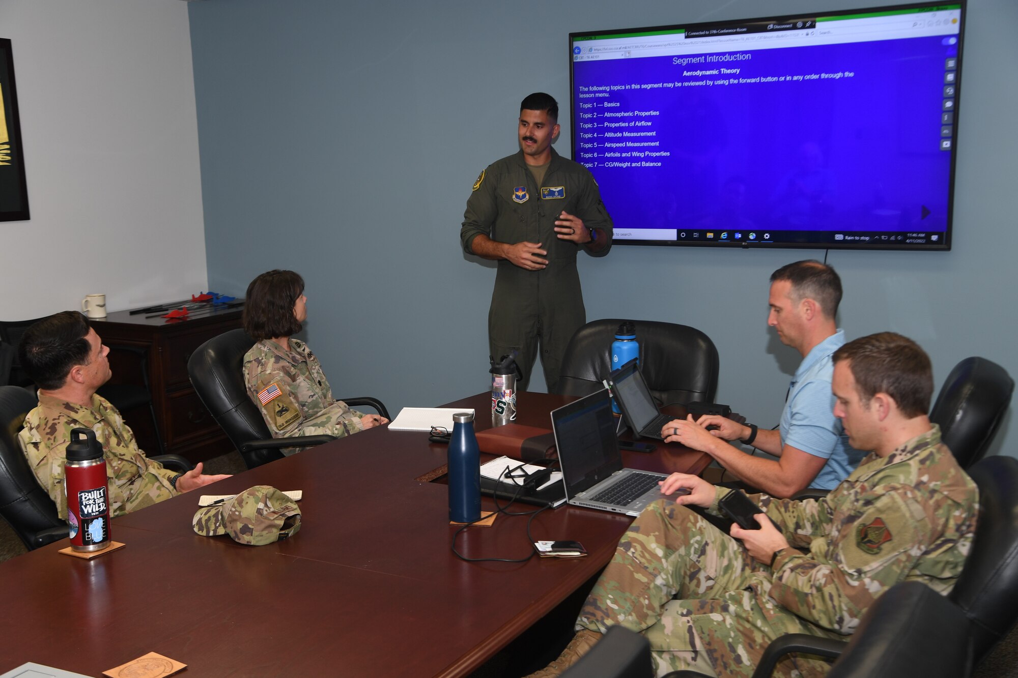 1Lt. Rafael Galvao, instructor pilot at Columbus Air Force Base, provides attendees of the aviation psychology introductory course a class on aviation terms and flight awareness