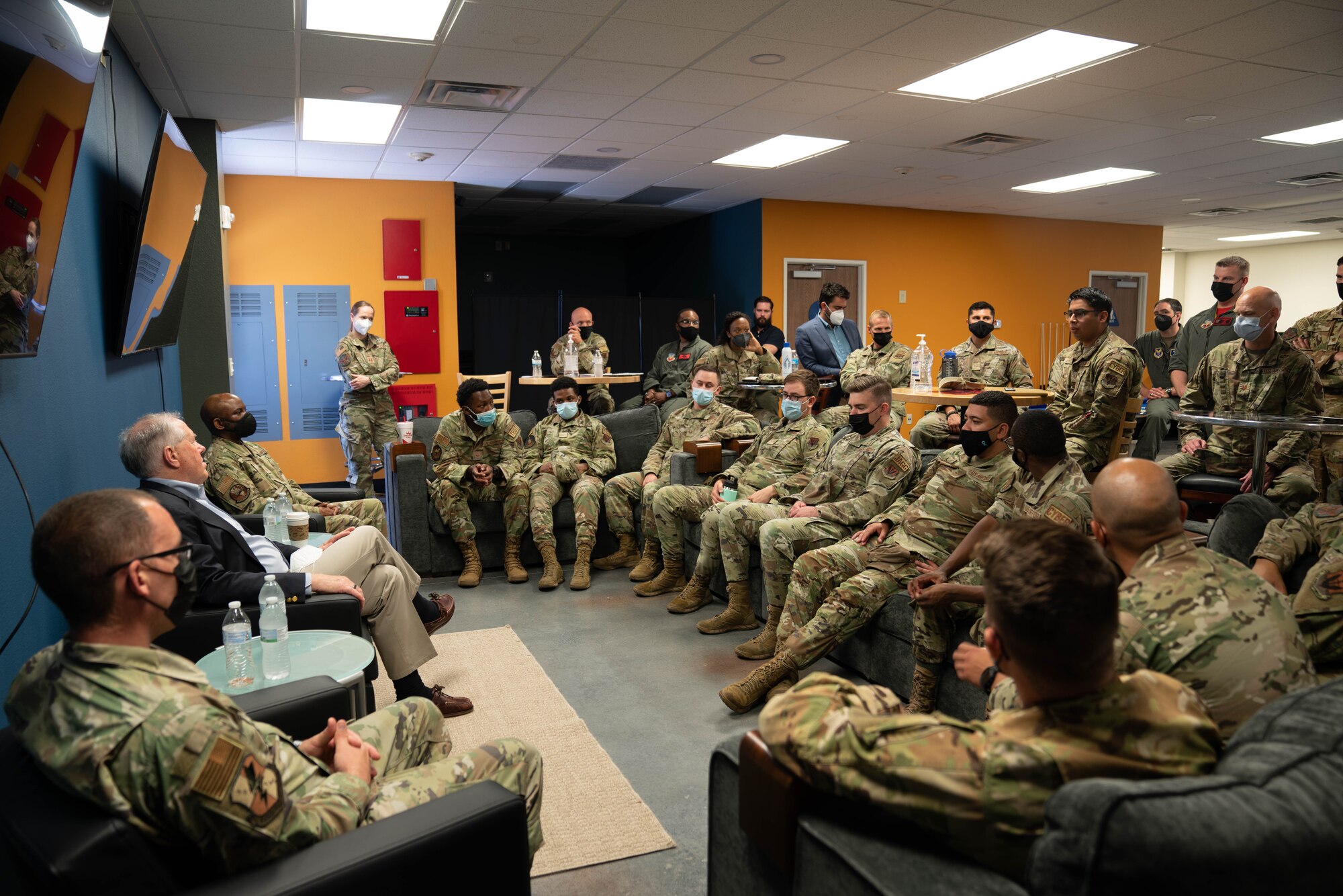 Secretary of the Air Force Frank Kendall speaks with Airmen assigned to the 432nd Wing/432nd Expeditionary Wing at Creech Air Force Base, Nevada, July 29, 2022. Kendall participated in the roundtable discussion to listen and respond to their questions and concerns. (U.S. Air Force photo by Airman 1st Class Ariel O'Shea)