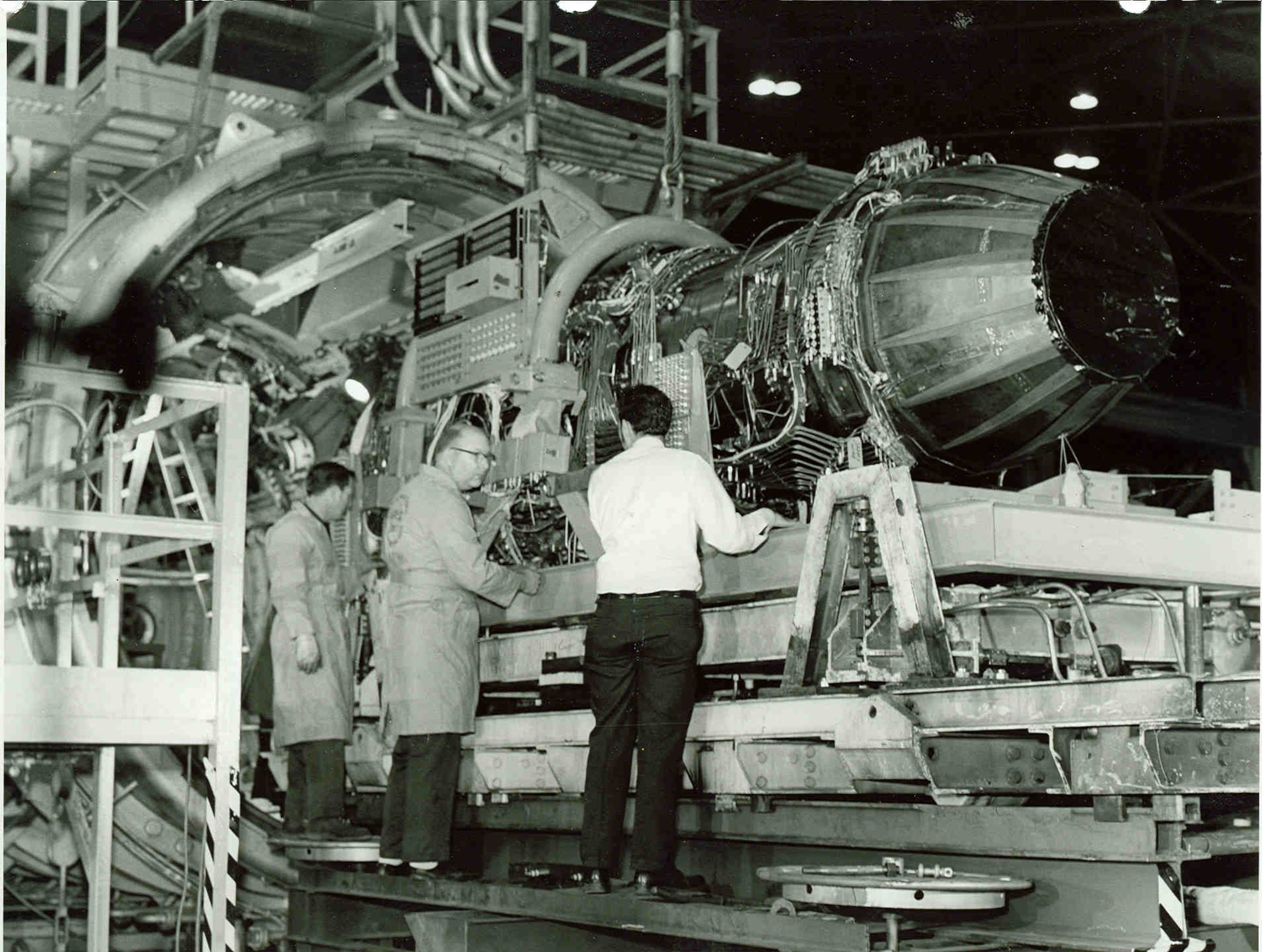 Hundreds of instrumentation lines used to sense or measure various aspects, including temperature, pressure, fuel flow and vibration, are connected to an early version of the Pratt & Whitney F100 engine in the late 1960s to prepare it for a 1970 test in one of the high-altitude test cells at Arnold Air Force Base, Tennessee, headquarters of Arnold Engineering Development Complex. The F100 would become the power plant for the F-15 Eagle. The Air Force recently celebrated the 50th anniversary of the F-15’s deployment. Models of the aircraft, engines and other F-15 components have frequently been tested by AEDC over the past 50 years. (U.S. Air Force photo)