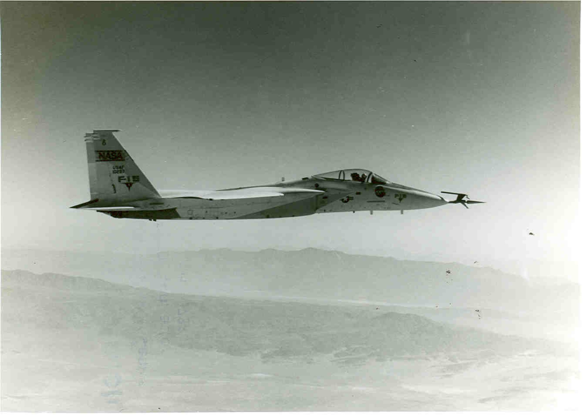 A modified F-15 Eagle is flown in the late 1970s by NASA personnel at what was then known as the Dryden Flight Research Center in California to obtain aerodynamic measurements on an instrumented cone to compare with similar data taken with the same cone in nearly two dozen foreign and domestic wind tunnels. The program originated at Arnold Engineering Development Complex, headquartered at Arnold Air Force Base, Tennessee, with the purpose of developing a mathematical means of eliminating noise effects from wind tunnel data to improve its correlation with flight data. The Air Force recently celebrated the 50th anniversary of the F-15’s deployment. Models of the aircraft, engines and other F-15 components have frequently been tested by AEDC over the past 50 years. (U.S. Air Force photo)