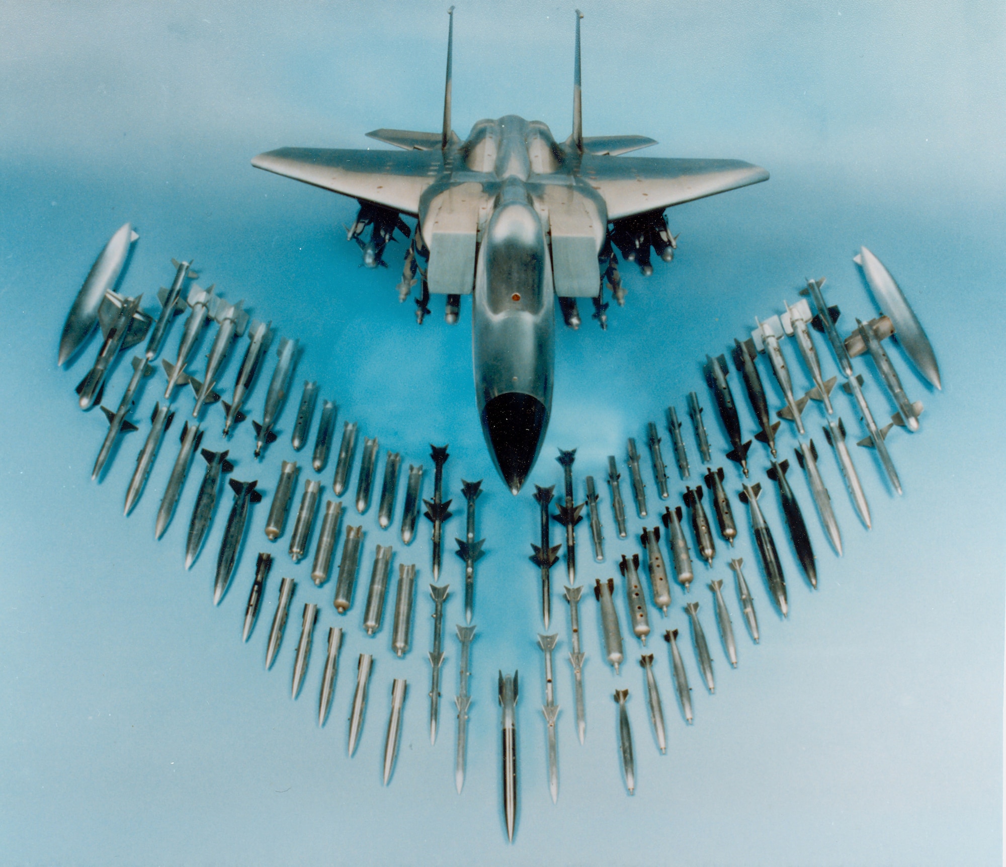 Some of the dozens of different store models used during wind tunnel testing of the F-15E Strike Eagle dual-role fighter aircraft by Arnold Engineering Development Complex, headquartered at Arnold Air Force Base, Tennessee, are shown in this photo from the early 1990s. More than 500 aircraft and store configurations have been investigated throughout the years to ensure that the F-15E can safely deliver the wide array of weapons needed to accomplish its air-to ground and air-to-air missions. The Air Force recently celebrated the 50th anniversary of the F-15’s deployment. Models of the aircraft, engines and other F-15 components, including those of the F-15E, have frequently been tested in AEDC facilities over the past 50 years. (U.S. Air Force photo)