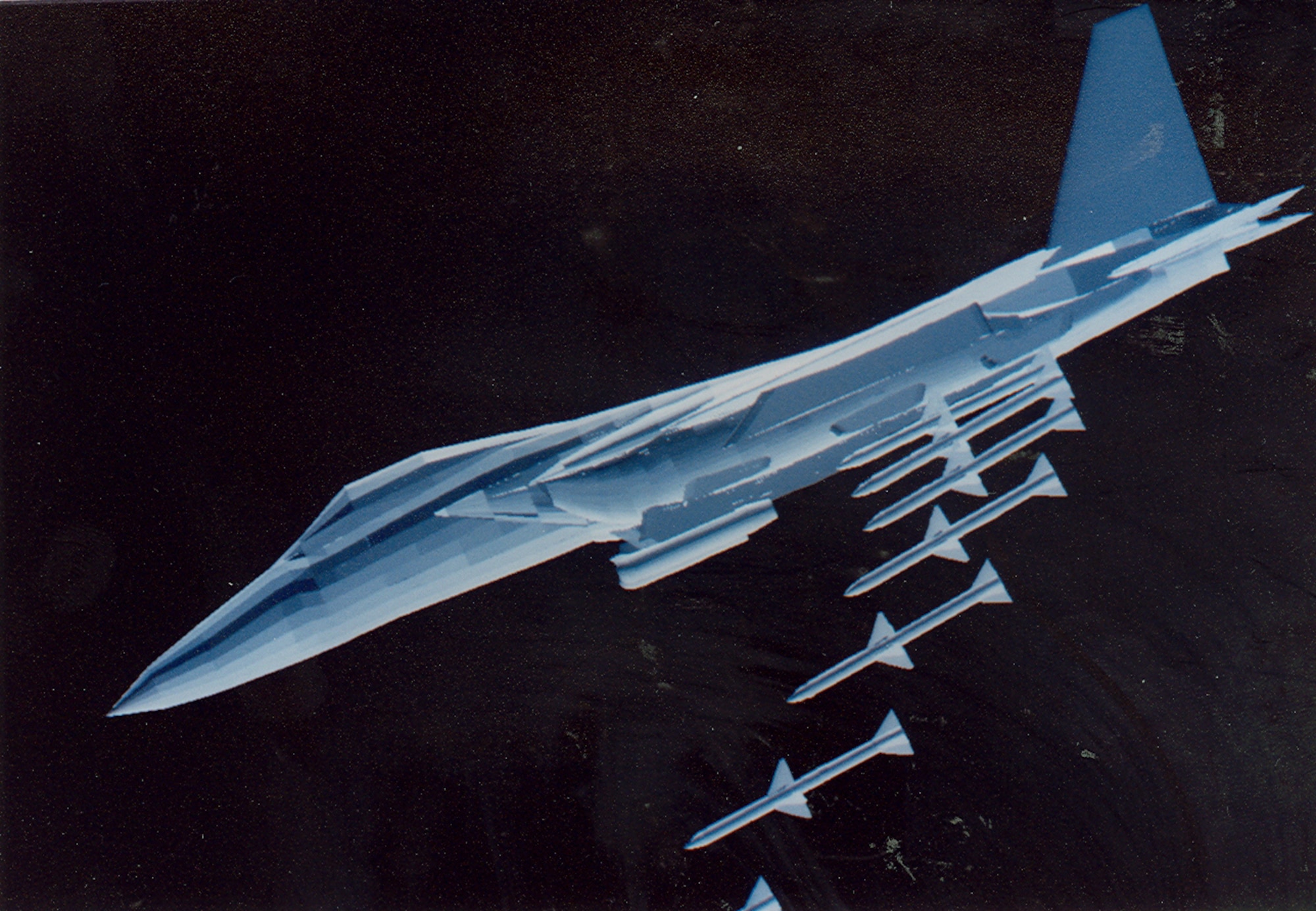 A computer-drawn mathematical model shows a Sparrow Air Intercept Missile launch from an F-15E Strike Eagle aircraft. Identical videotape footage of the launch was shot during actual flight testing. This computer simulation was based on numerical data taken during wind tunnel testing by Arnold Engineering Development Complex, headquartered at Arnold Air Force Base, Tennessee. The Air Force recently celebrated the 50th anniversary of the F-15’s deployment. Models of the aircraft, engines and other F-15 components, including those of the F-15E, have frequently been tested in AEDC facilities over the past 50 years. (U.S. Air Force photo)