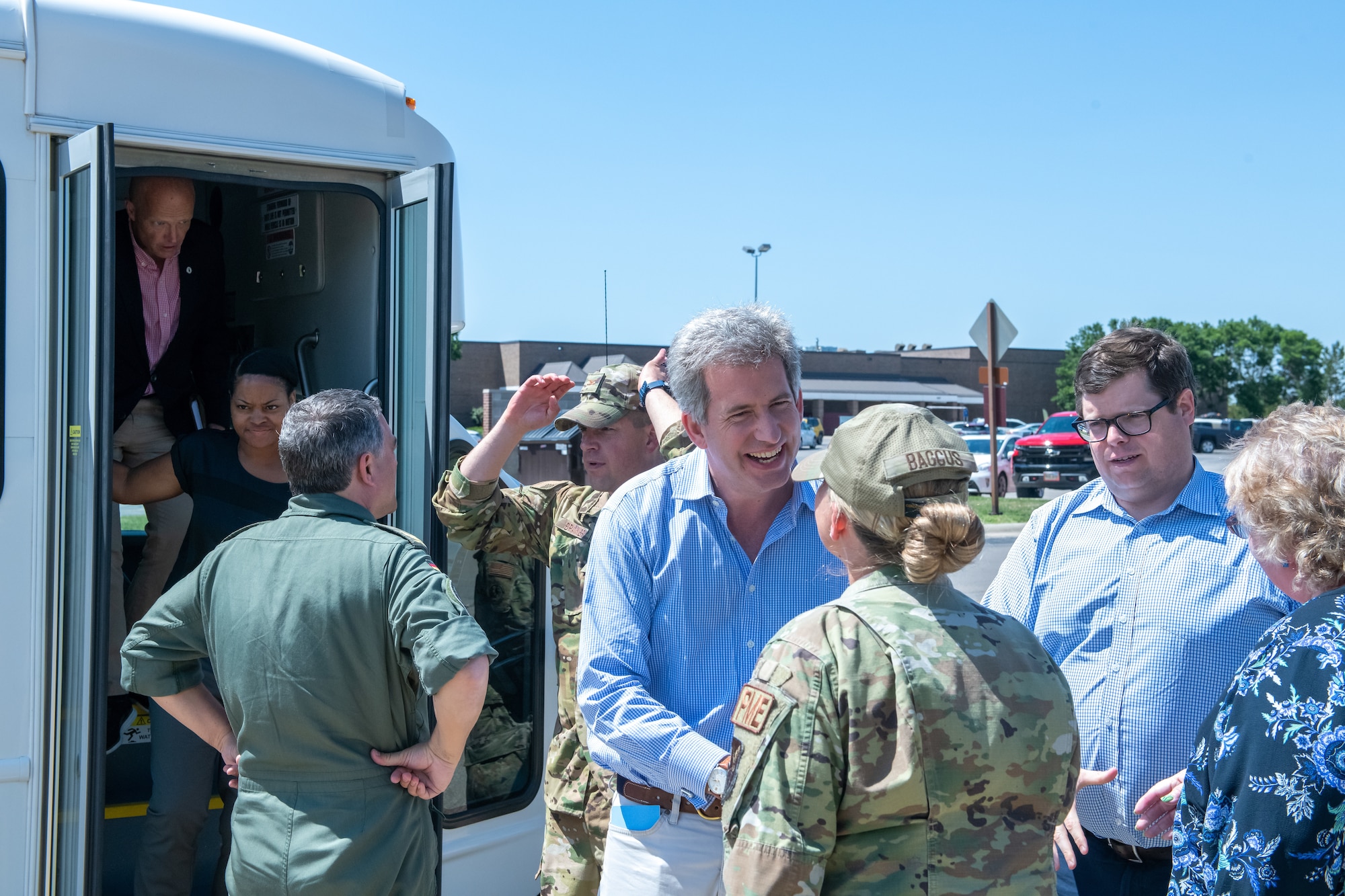 Visiting foreign defense attaches arrive at the Airman Leadership Schoolhouse at Ellsworth Air force Base, S.D., July 20, 2022.