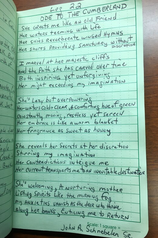 This is a copy of a poem that Safety Officer John Schnebelen Sr. wrote in a trip logbook June 9, 2018, during leg 22 of a team building voyage of the Cumberland River. Employees and family members cruised their way in canoes, kayaks, and boats downriver over 650 of 694 miles of the waterway leading up to the U.S. Army Corps of Engineers Nashville District’s 130th Anniversary. (USACE Photo)