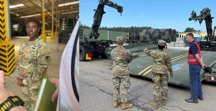 Army Col. Crystal Hills, the commander of the 405th Army Field Support Brigade, receives a briefing, and Bryan Stinekens, a quality assurance specialist at the Army Prepositioned Stocks-2 Zutendaal worksite in Belgium, briefs the 405th AFSB commander and interim Command Sgt. Maj. Randy Leyba on opening, inspecting and maintaining a Multi Role Bridge Company interior bay. Hills and Leyba visited the APS-2 sites at Zutendaal and Eygelshoven, Netherlands, July 28-29, as part of her APS-2 battlefield circulation as the new commander of the 405th Army Field Support Brigade.