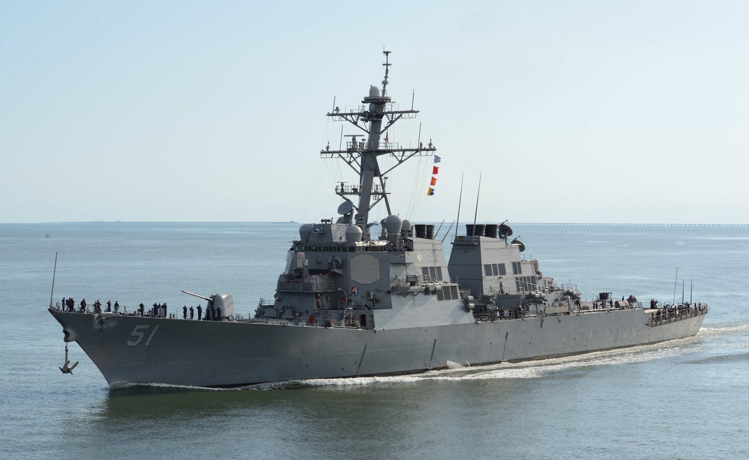 The guided-missile destroyer USS Arleigh Burke (DDG 51) transits the Chesapeake Bay on its way back into port. (U.S. Navy Photo by Mass Communication Specialist 1st Class RJ Stratchko/Released)