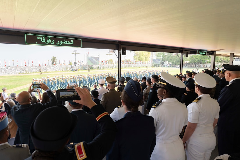 Women from the U.S. Navy, Army National Guard and Air Force attend a graduation ceremony at the Lebanese Army Military Academy in Fayadiyeh, Lebanon, Aug. 1, to support the first group of women who graduated from the academy and into the field of combat arms.