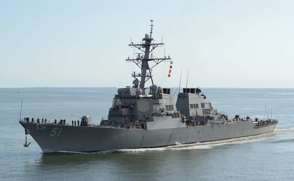 The guided-missile destroyer USS Arleigh Burke (DDG 51) transits the Chesapeake Bay on its way back into port. (U.S. Navy Photo by Mass Communication Specialist 1st Class RJ Stratchko/Released)