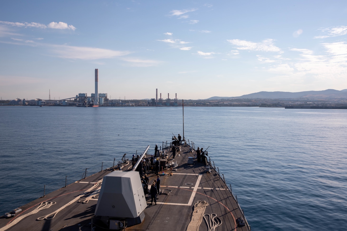 The Arleigh Burke-class guided-missile destroyer USS Bainbridge (DDG 96) arrives in Civitavecchia, Italy, for a scheduled port visit, Aug. 2, 2022. Bainbridge is on a scheduled deployment in the U.S. Naval Forces Europe area of operations, employed by U.S. Sixth Fleet to defend U.S., allied and partner interests.