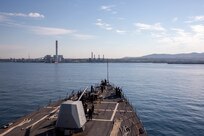 The Arleigh Burke-class guided-missile destroyer USS Bainbridge (DDG 96) arrives in Civitavecchia, Italy, for a scheduled port visit, Aug. 2, 2022. Bainbridge is on a scheduled deployment in the U.S. Naval Forces Europe area of operations, employed by U.S. Sixth Fleet to defend U.S., allied and partner interests.