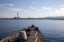 The Arleigh Burke-class guided-missile destroyer USS Bainbridge (DDG 96) arrives in Civitavecchia, Italy, for a scheduled port visit, Aug. 2, 2022. Bainbridge is on a scheduled deployment in the U.S. Naval Forces Europe area of operations, employed by U.S. Sixth Fleet to defend U.S., allied and partner interests.