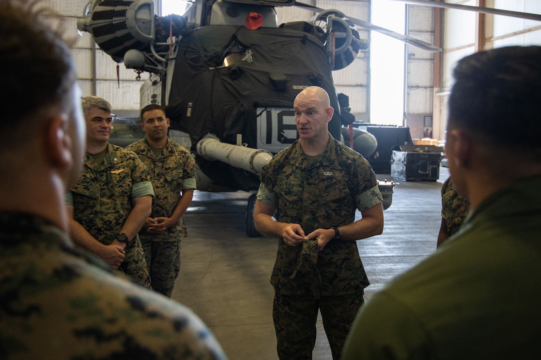 Black met with Marine Aircraft Group 29 and Marine Aircraft Group 26 Marines to discuss retention, promotion, and the importance of a coordinated plan for future career path for Marines in deactivating squadrons. (U.S. Marine Corps photo by Lance Cpl. Joshua Crumback)