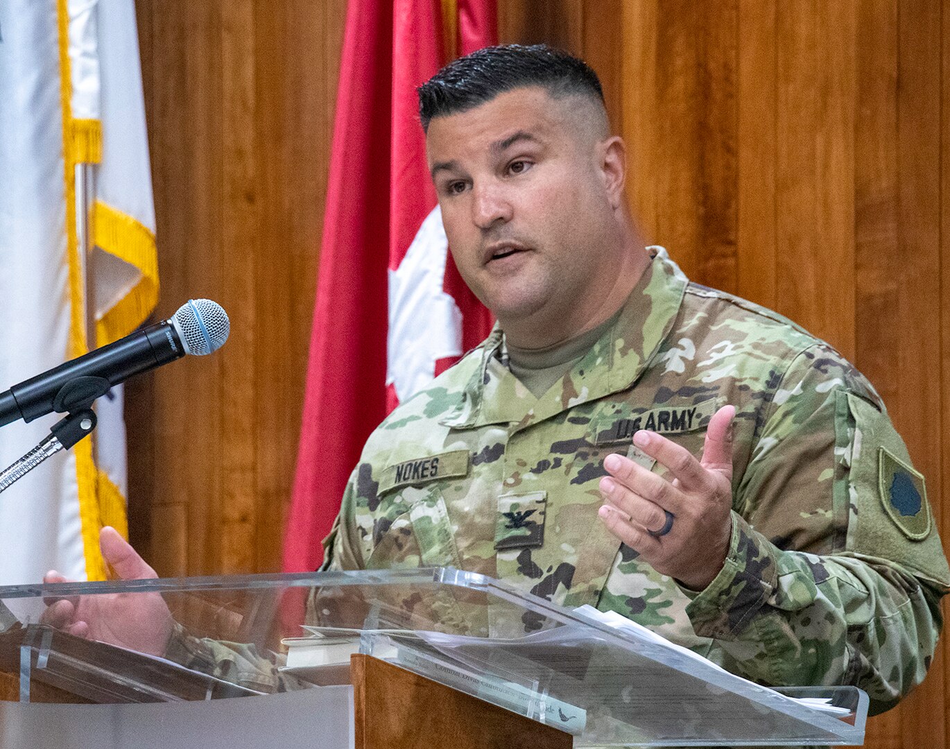 Newly promoted Illinois Army National Guard Col. Shawn Nokes, of Springfield, Deputy Logistics Management Officer for the Illinois National Guard, thanks family, friends and fellow Soldiers for their support throughout his career during a promotion ceremony Aug. 1 at the Illinois Military Academy, Camp Lincoln, in Springfield, Illinois.