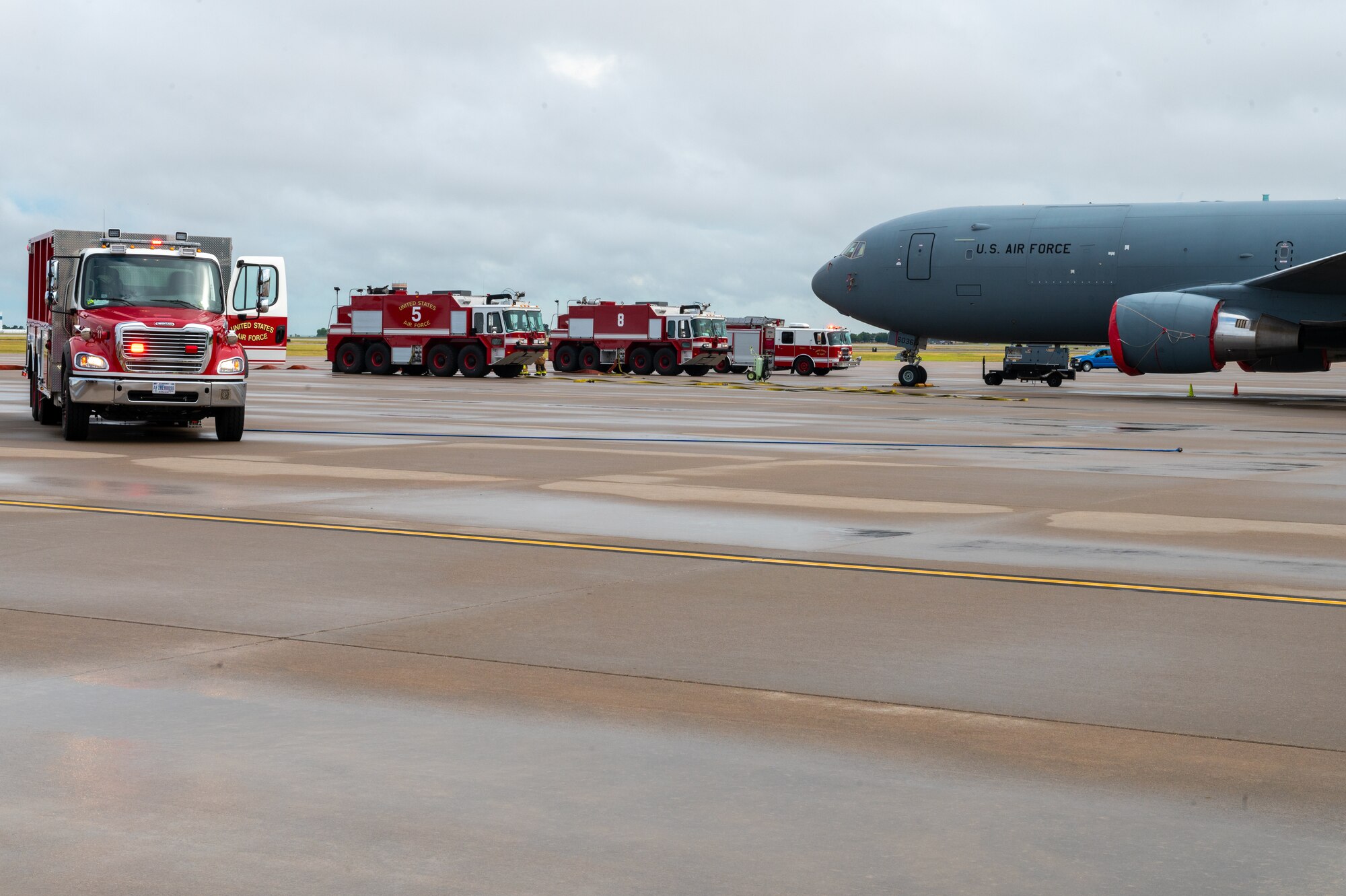 McConnell’s 22nd Civil Engineering Squadron’s firefighters arrive to the scene of a simulated aircraft crash during a Major Accident Response Exercise July 29, 2022, at McConnell Air Force Base, Kansas