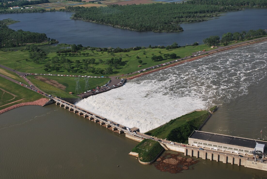 Water passes through Gavins Point Dam to help balance storage with flows for the reduction of downstream flood risks.