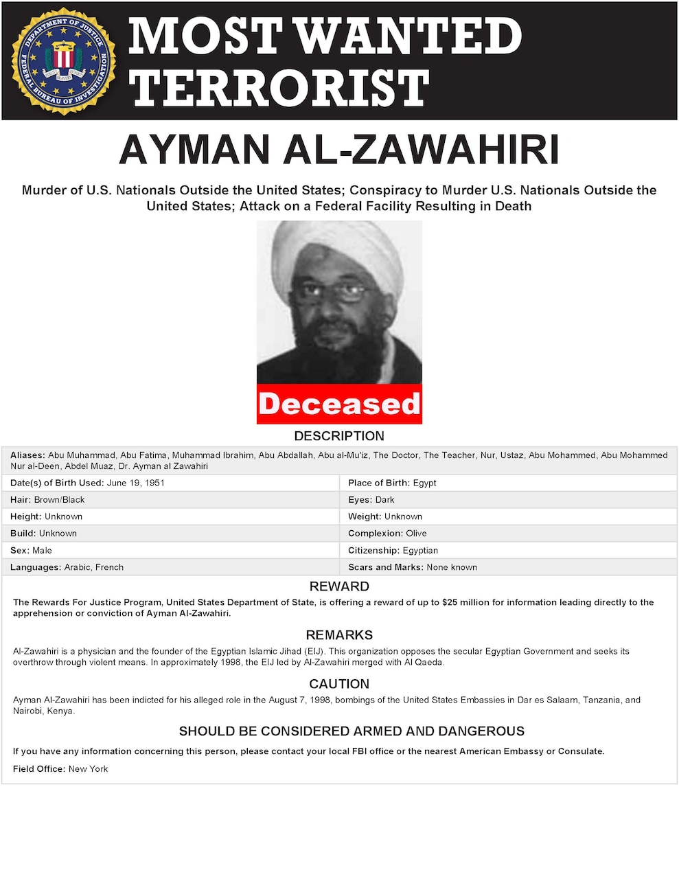 An FBI Most Wanted poster shows a man’s picture and the word “Deceased.”