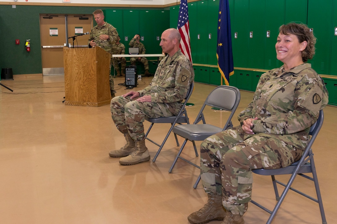 Alaska Army National Guard Col. Thomas Elmore delivers his remarks during a change of responsibility ceremony at the Alcantra Armory in Wasilla, Alaska, Aug. 1, 2022. Command Sgt. Maj. Julie Small relinquished responsibility as the 297th Regional Support Group's Senior Enlisted Leader Command Sgt. Maj. Ryan Weimer. (Alaska National Guard photo by Victoria Granado)
