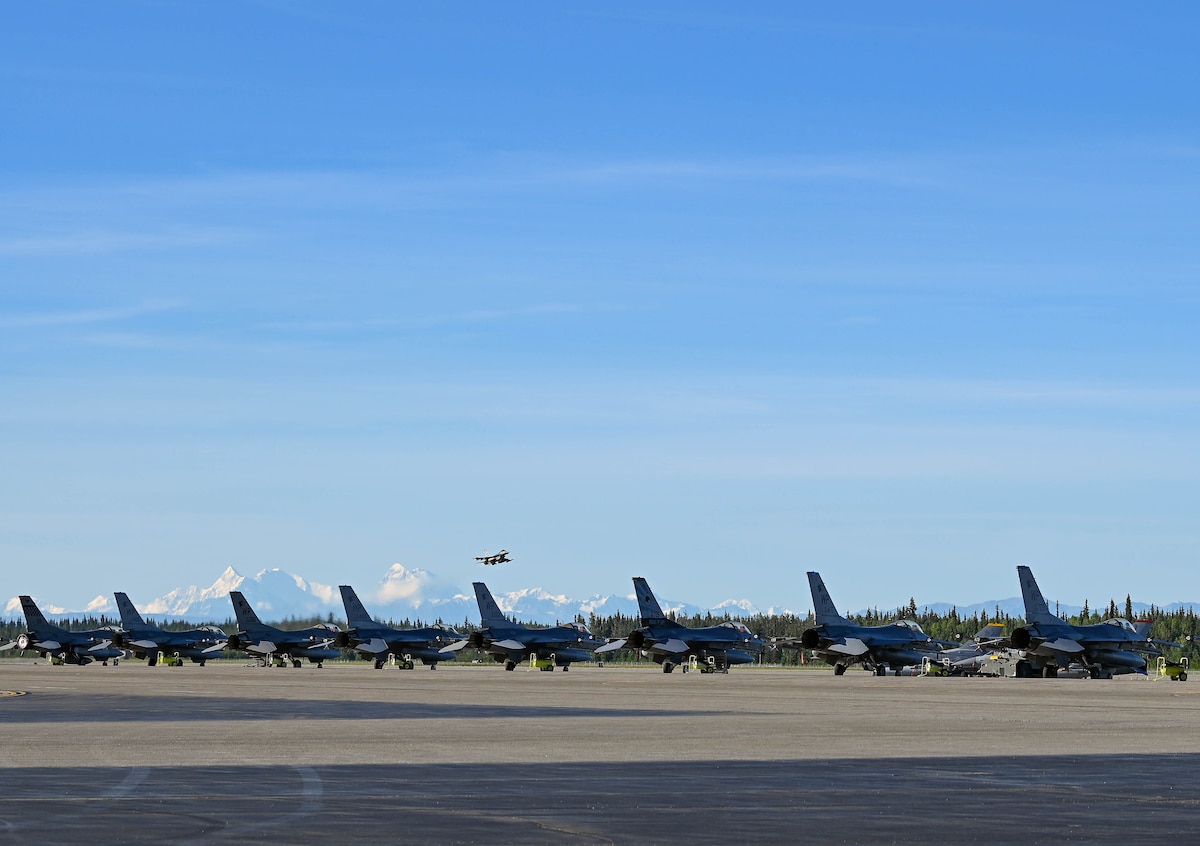 A military aircraft takes off above a row of other military aircraft.