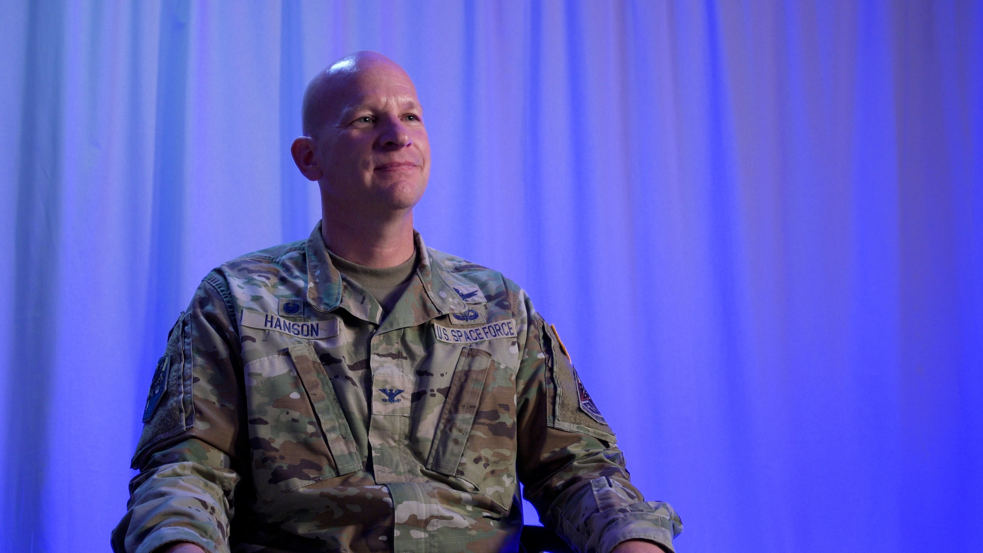 U.S. Space Force Col. David Hanson, Space Base Delta 1 commander, sits for an interview at Peterson Space Force Base.