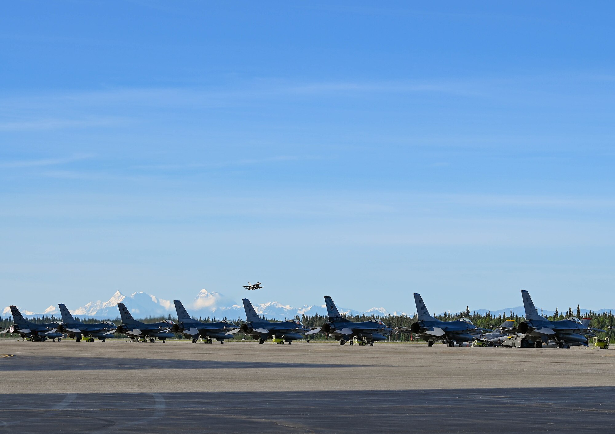 A military aircraft takes off above a row of other military aircraft.