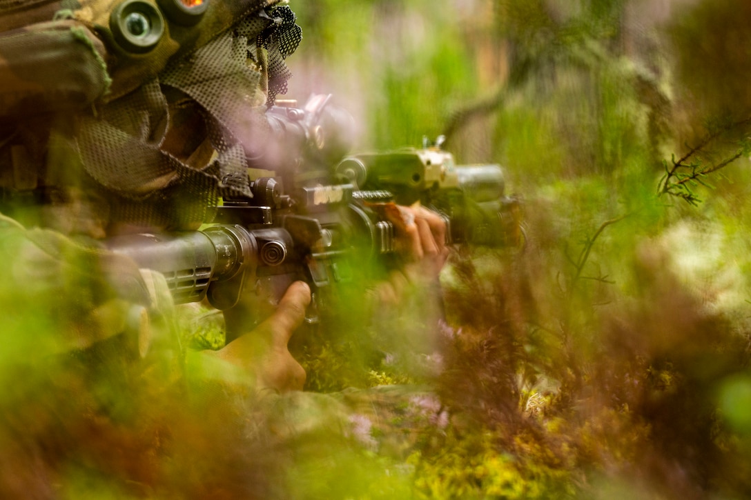 A soldier lies prone in a forest environment and looks through the scope of a rifle.