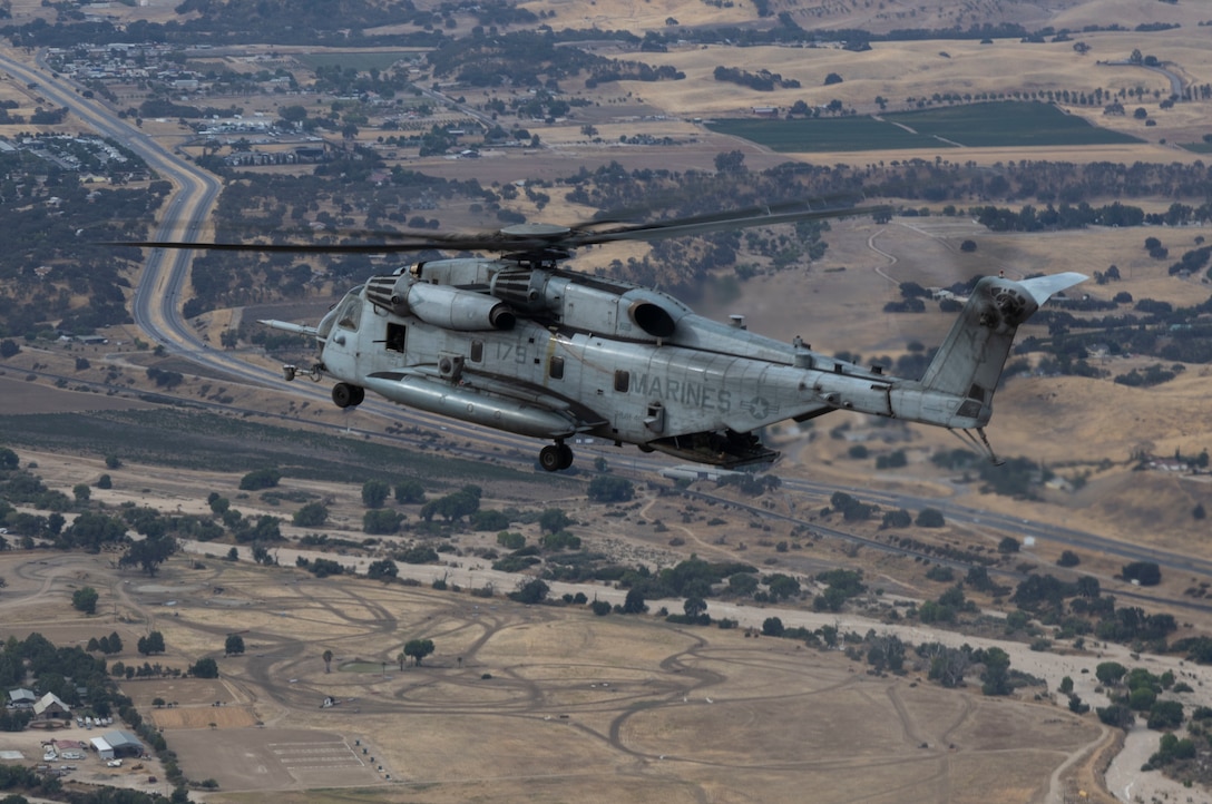 A CH-53E Super Stallion from Marine Heavy Helicopter Squadron 465, Marine Aircraft Group 16, 3rd Marine Aircraft Wing, participates in exercise Summer Fury 22, in Bradley, California, August 1, 2022. Summer Fury 22 is designed to enhance Marine-Air-Ground Task Force integration and increase aviation operations proficiency with realistic, relevant training to ensure the Marine Corps’ largest aircraft wing remains operationally excellent, interoperable, deployable on short notice and lethal when called into action. (U.S. Marine Corps Photo by Cpl. Woodward)