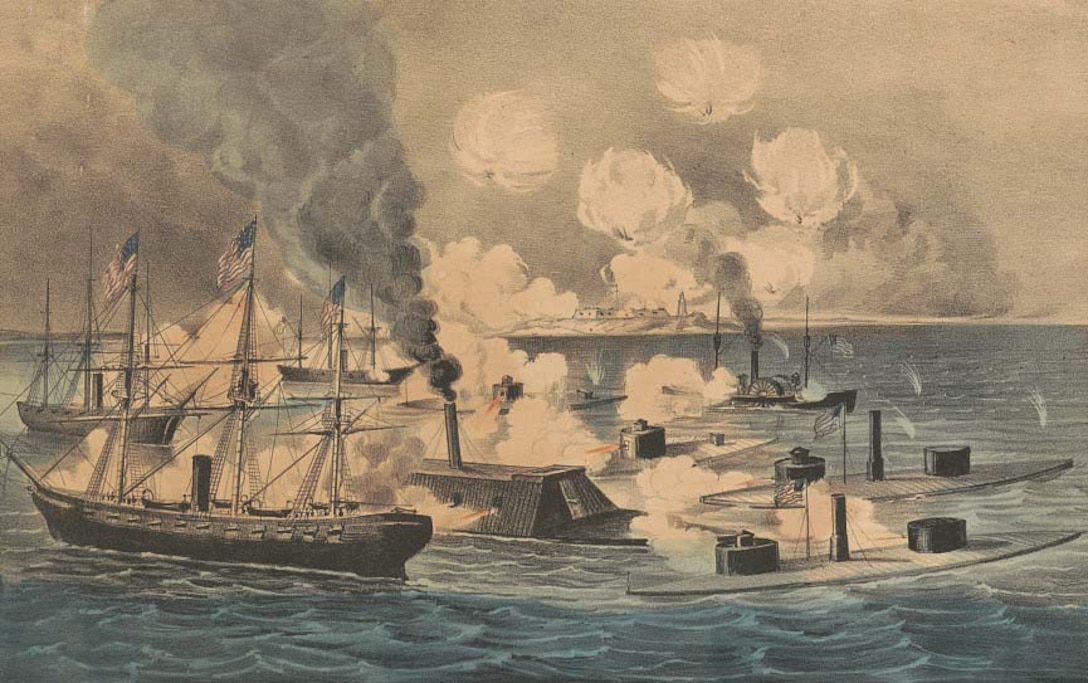 A drawing shows several ships in a bay.