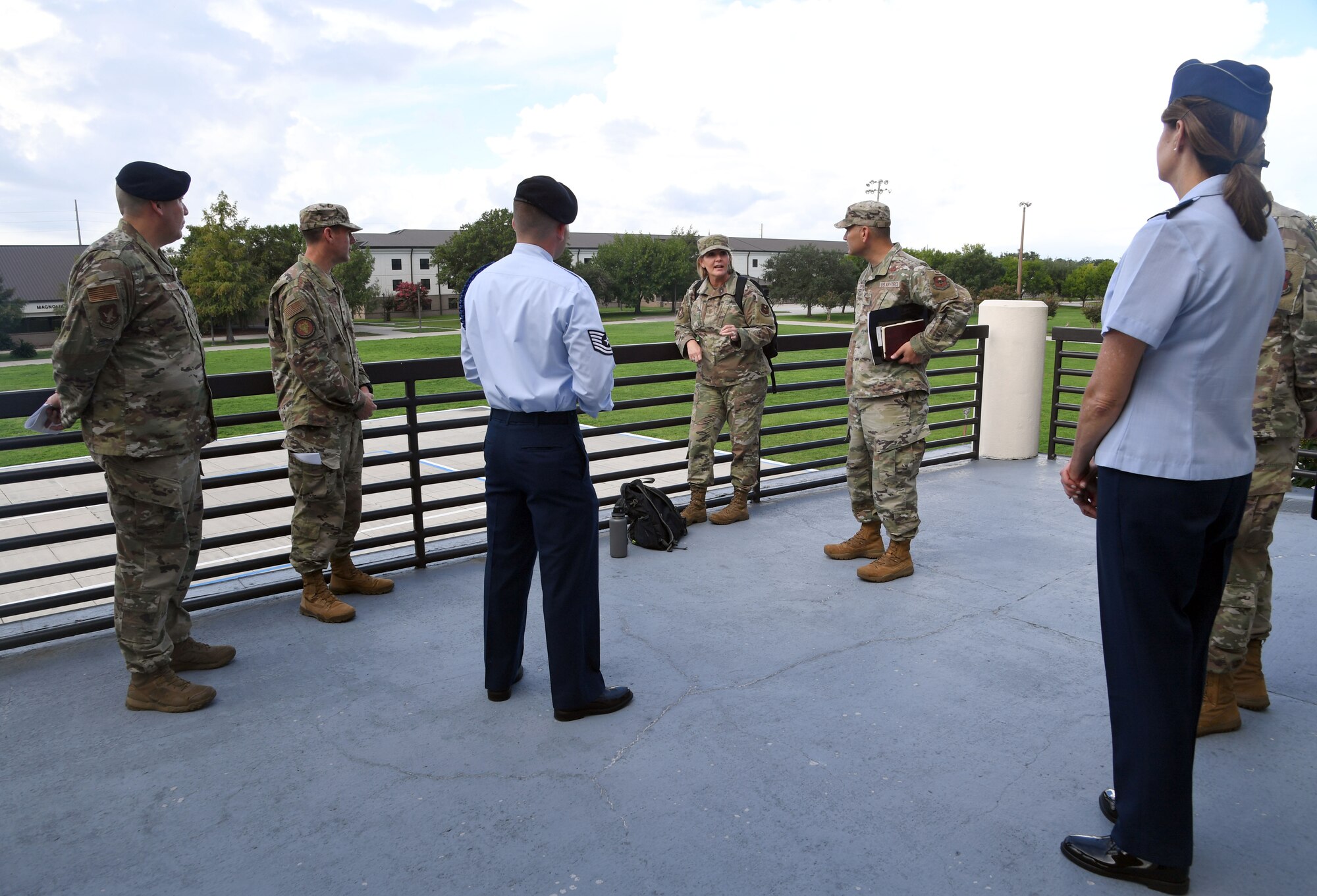 U.S. Air Force Chief Master Sgt. Kathleen McCool, Second Air Force command chief, and Col. Nicholas Dipoma, Second Air Force vice commander, tour the Levitow Training Support Facility during an immersion tour at Keesler Air Force Base, Mississippi, July 29, 2022. The tour also included the 334th Training Squadron air traffic control simulator and the 81st Medical Group clinical research lab. (U.S. Air Force photo by Kemberly Groue)