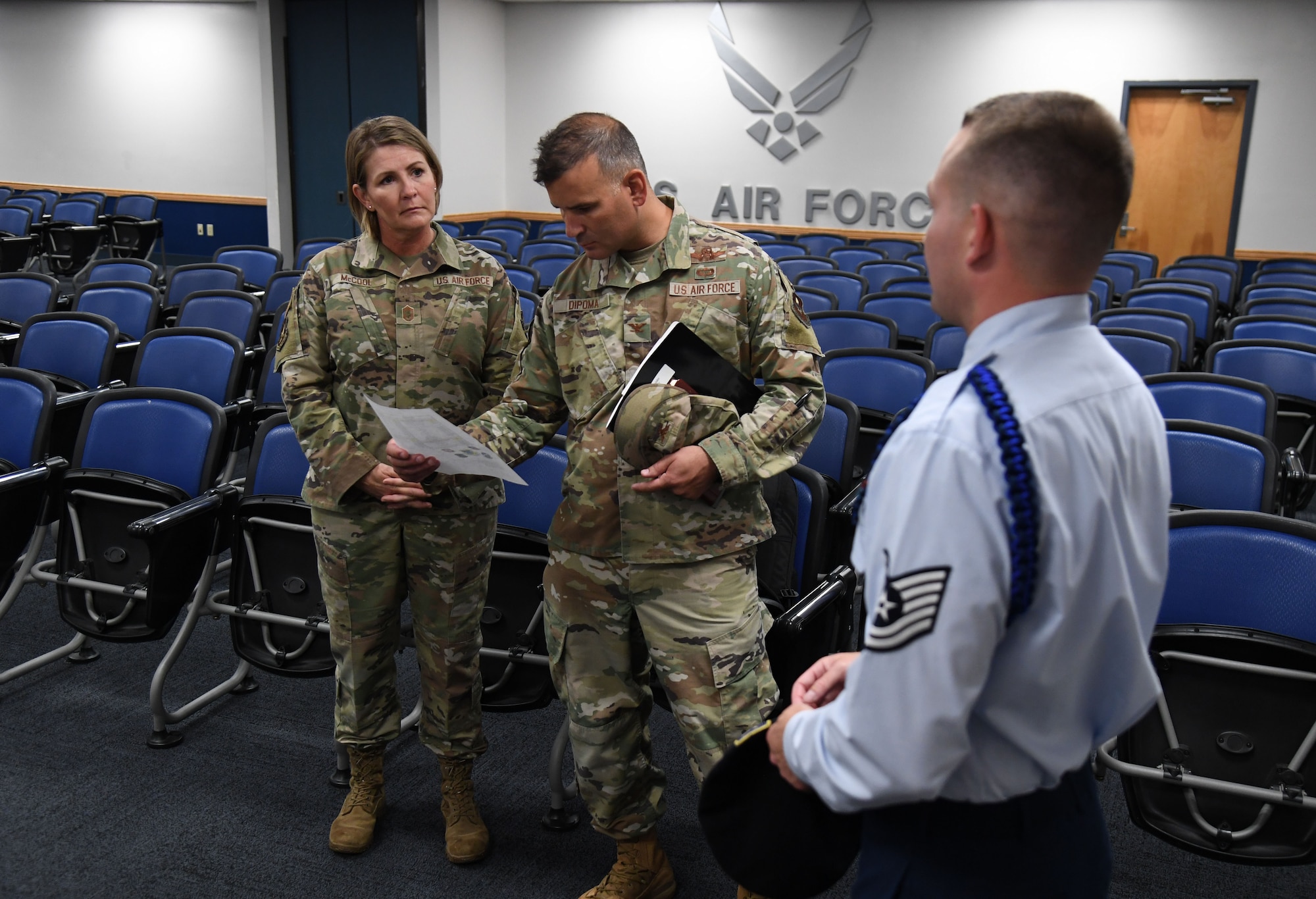 U.S. Air Force Tech. Sgt. Robert Watts, 81st Training Support Squadron military training leader, provides a tour of the Levitow Training Support Facility to Chief Master Sgt. Kathleen McCool, Second Air Force command chief, and Col. Nicholas Dipoma, Second Air Force vice commander, during an immersion tour at Keesler Air Force Base, Mississippi, July 29, 2022. The tour also included the 334th Training Squadron air traffic control simulator and the 81st Medical Group clinical research lab. (U.S. Air Force photo by Kemberly Groue)