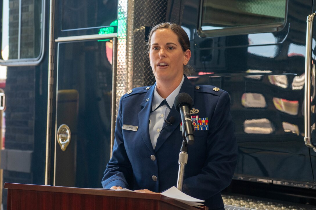 U.S. Air Force Lt. Col. Melissa D. Jumper, the incoming 28th Civil Engineer Squadron commander, gives a speech after assuming command at Ellsworth Air Force Base, S.D., July 29, 2022.