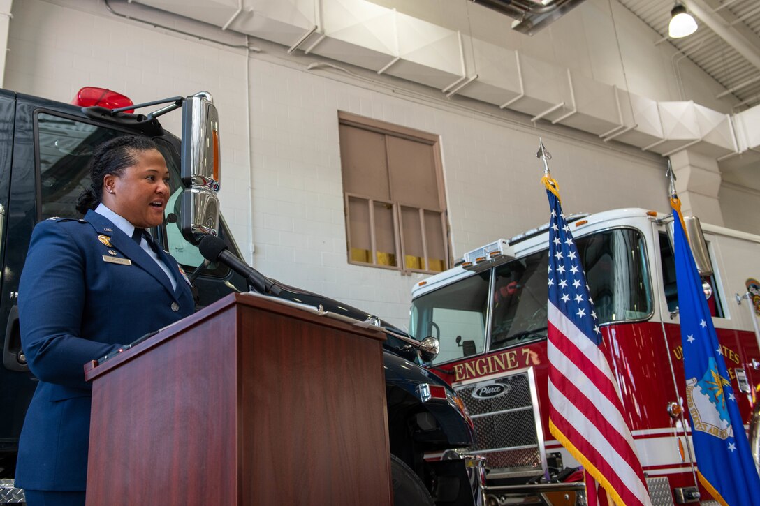 U.S. Air Force Col. Patrice O. Holmes, 28th Mission Support Group commander, provides remarks during a 28th Civil Engineer Squadron assumption of command at Ellsworth Air Force Base, S.D., July 29, 2022.