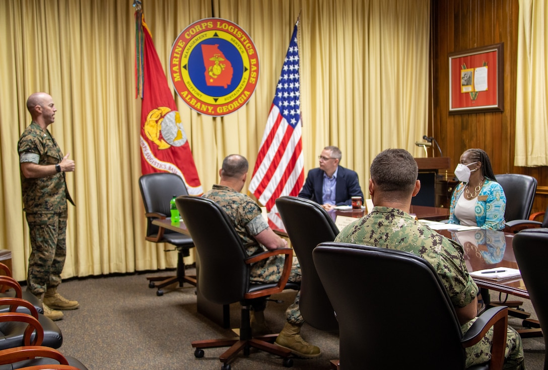 Mark Libell, chief of staff, and Brenda Williams, Southwest Georgia Outreach Director, both with the office of U.S. Sen. Raphael Warnock visited Marine Corps Logistics Base Albany, Aug. 3.  They were given an overview of MCLB Albany, Marine Depot Maintenance Command and Marine Corps Logistics Command’s mission as well as renewable energy and the 5G warehouse infrastructure.