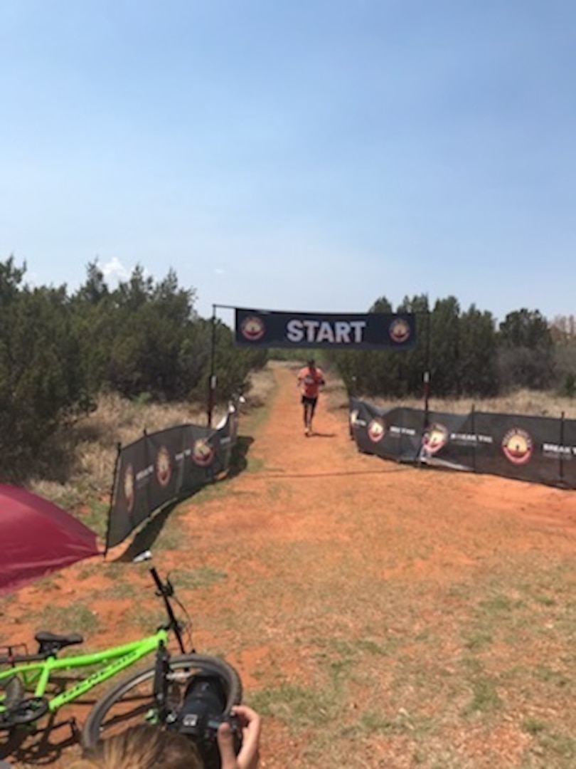 Command Sgt. Maj. Walter Jolly, the command sergeant major for the 45th Infantry Brigade Combat Team, completes a 50 kilometer trail run near Quanah, Texas, May 14, 2022. Jolly ran 50 kilometers to celebrate his 50th birthday. (Photo provided by Command Sgt. Maj. Walter Jolly)