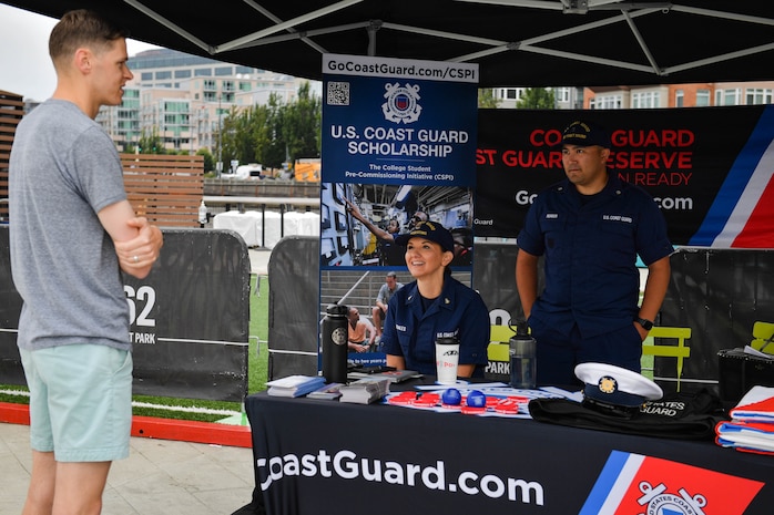 Coast Guardsmen at pier 62, speak with the public about naval heritage August 2 in support of Fleet Week Seattle 2022. Fleet Week Seattle is a time-honored celebration of the sea services that provides an opportunity for the citizens of Washington to meet Sailors, Marines and Coast Guardsmen, and witness the latest capabilities of today’s maritime services. (U.S. Navy photo by Mass Communication Specialist 2nd Class Aranza Valdez)