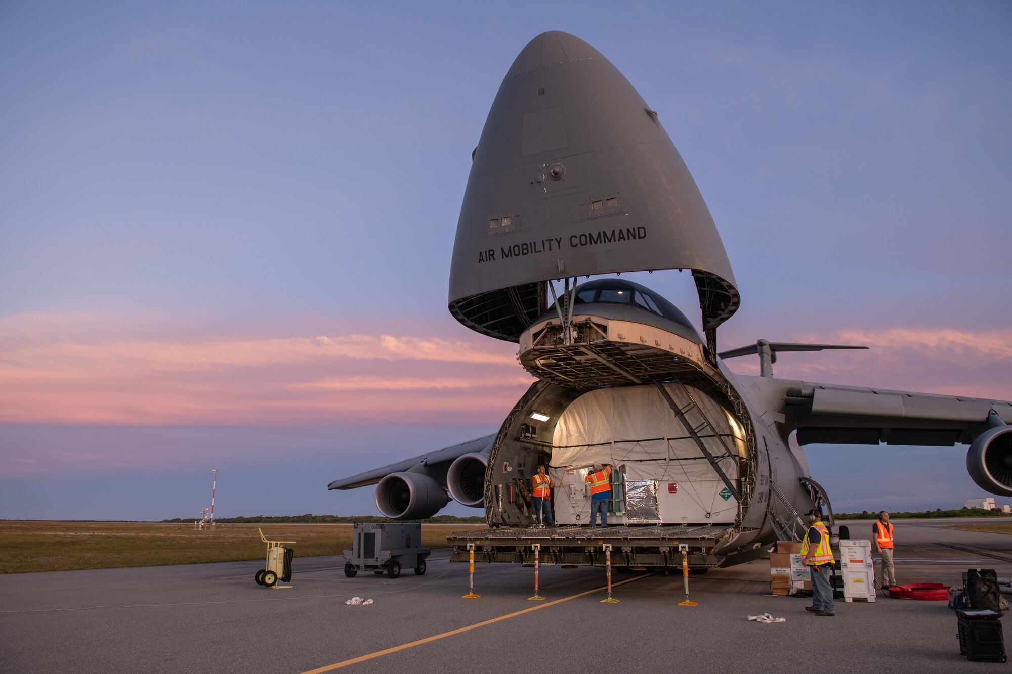 Space Based Infrared System (SBIRS) satellite, Geosynchronous Earth Orbit (GEO)-6 is offloaded at Cape Canaveral Space Force Station, Fla. June 2, 2022. The SBIRS satellite is the sixth and final satellite in the constellation. (Space Force photo by Joshua Conti)