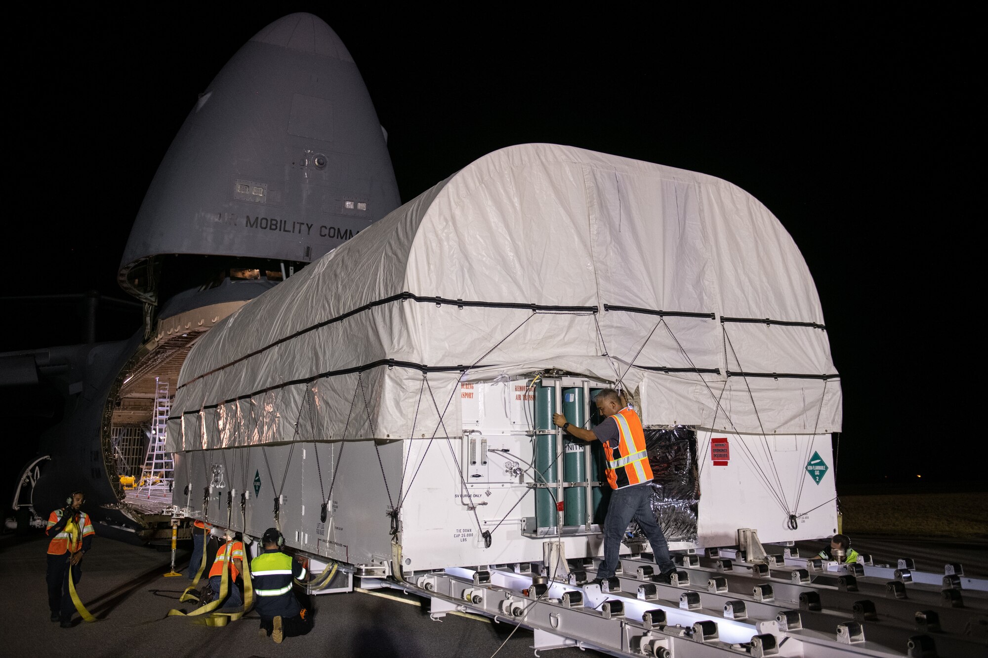 Space Based Infrared System (SBIRS) satellite, Geosynchronous Earth Orbit (GEO)-6 is offloaded at Cape Canaveral Space Force Station, Fla. June 2, 2022. The SBIRS satellite is the sixth and final satellite in the constellation. (Space Force photo by Joshua Conti)