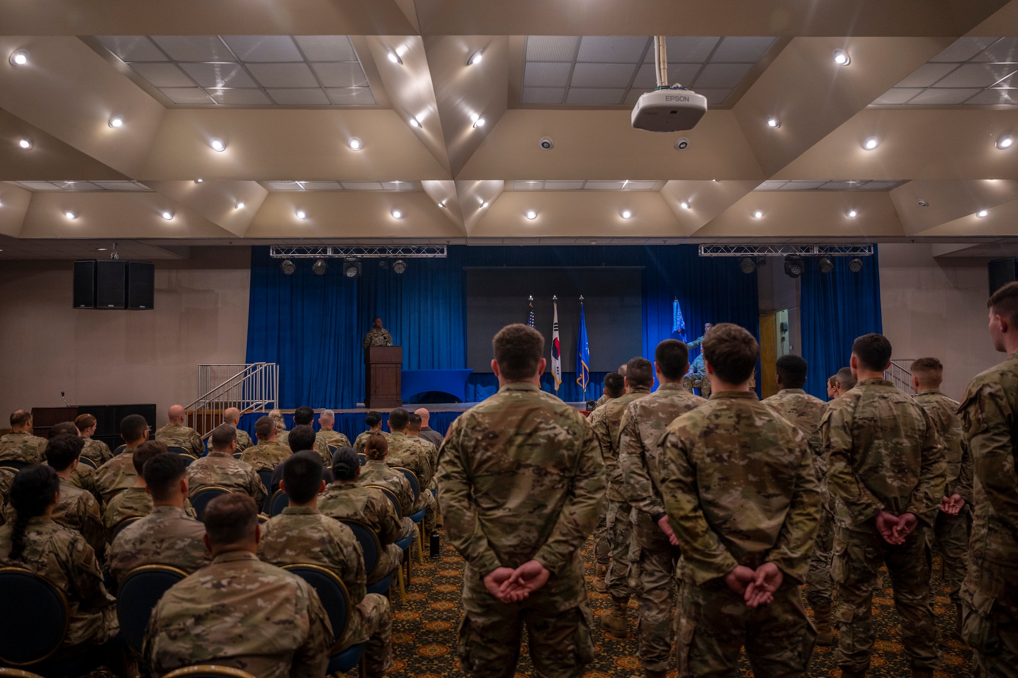 Lt. Col. Michael Newson, 51st Communications Squadron newly appointed commander, gives closing remarks during an assumption of command at Osan Air Base, Republic of Korea, Aug. 2, 2022.